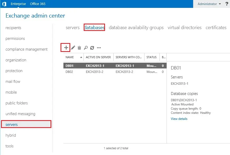 create new database exchange 2013