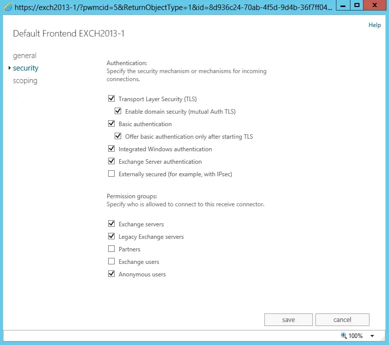 default frontend security exchange 2013