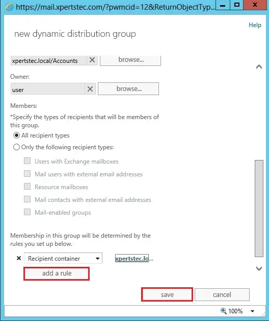 dynamic distribution group recipient container