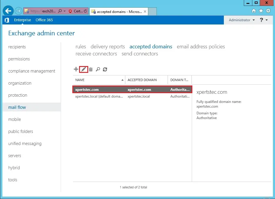 edit exchange 2013 accepted domain