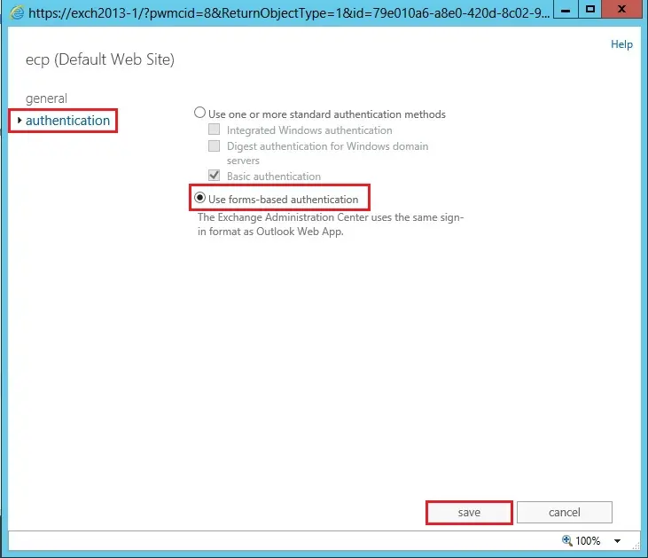 exchange 2013 ecp authentication settings