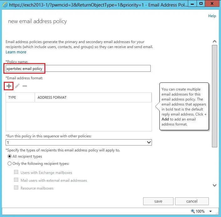 exchange 2013 new email address policy