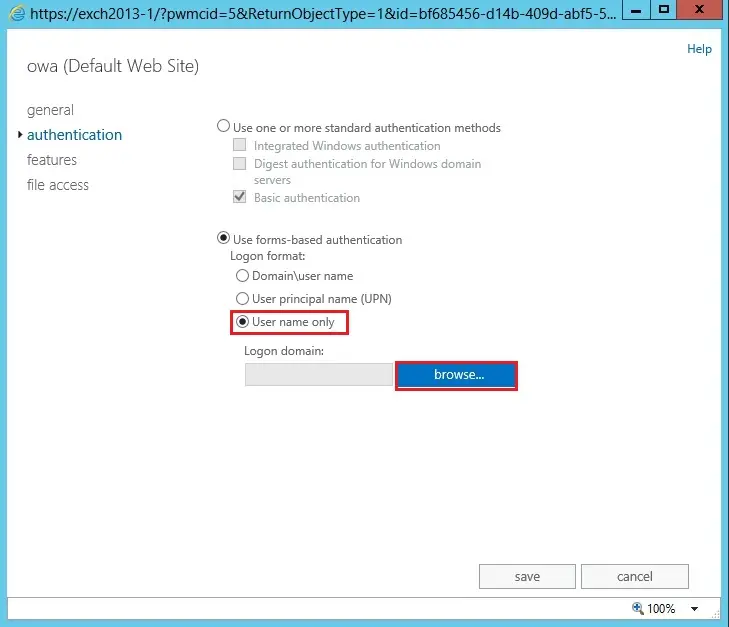 exchange 2013 owa authentication settings user domain login