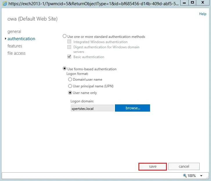 exchange 2013 owa authentication settings