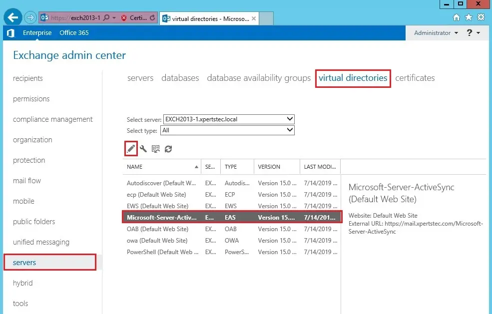 exchange 2013 virtual directory-