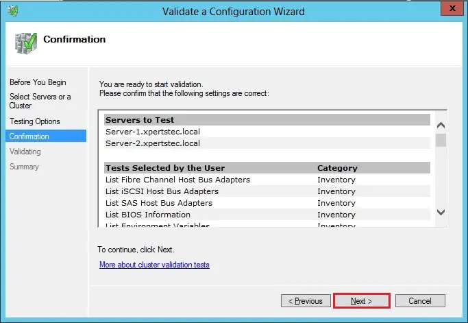 failover cluster validation confirmation