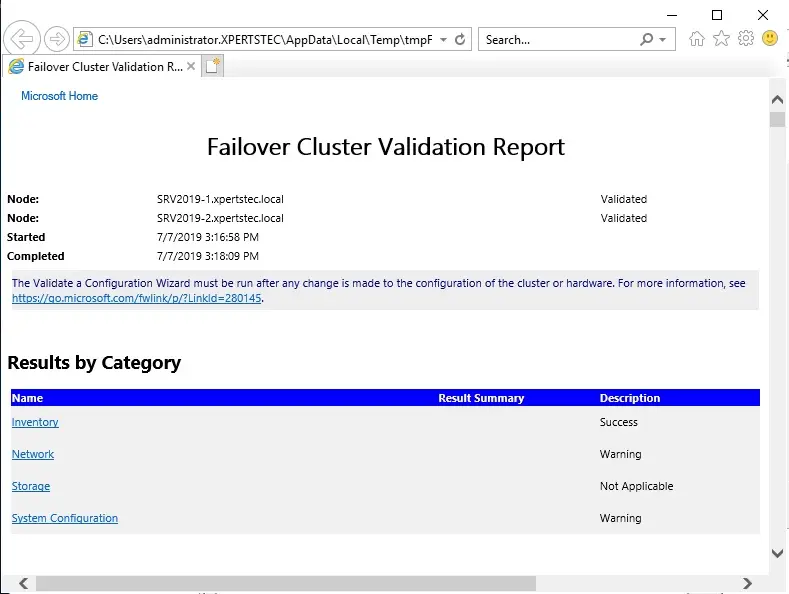 failover cluster validation report