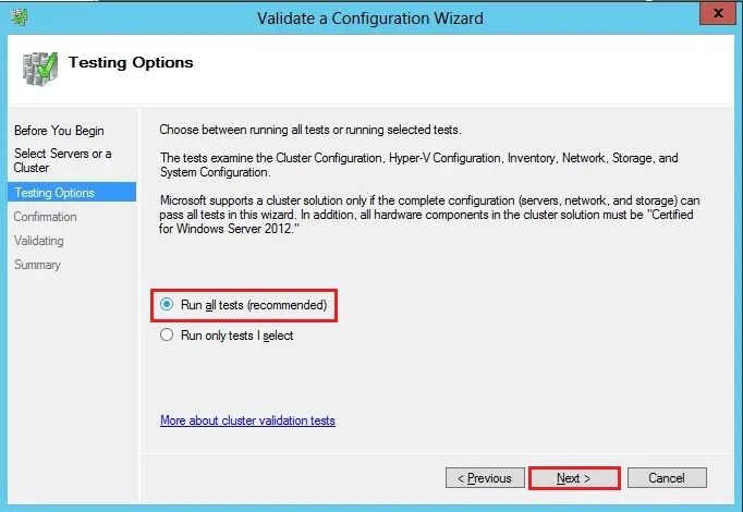 failover cluster validation testing options