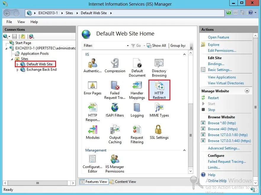 iis manager URL Redirection Exchange 2013