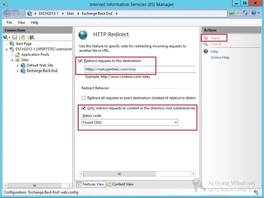 iis manager http redirect URL Redirection Exchange 2013