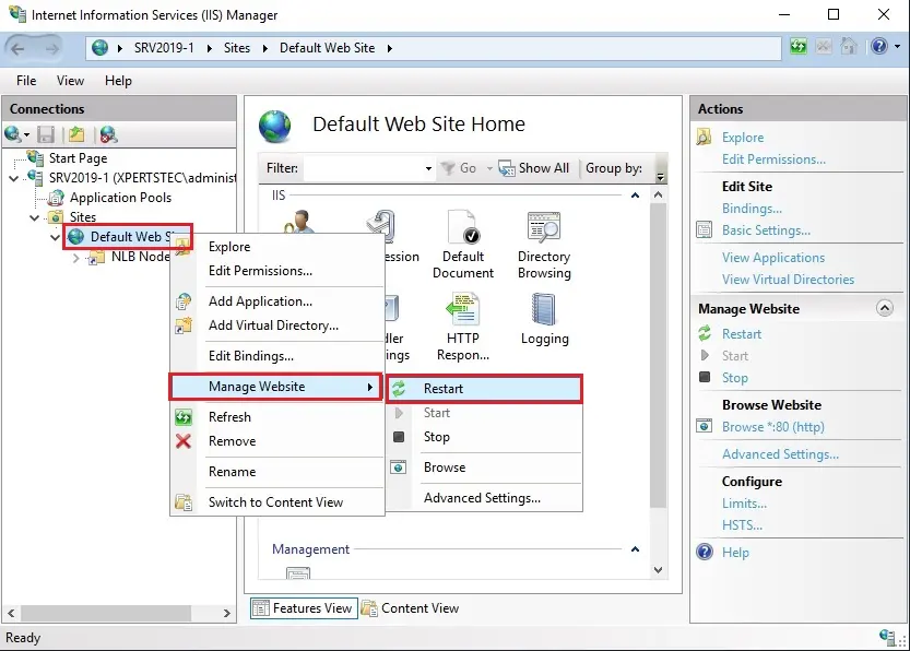 iis manager manage website restart