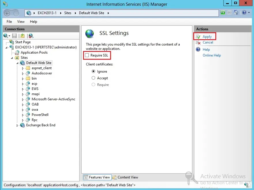 iis manager ssl settings URL Redirection Exchange 2013