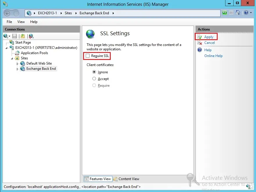 iis manager ssl settings URL Redirection in Exchange 2013