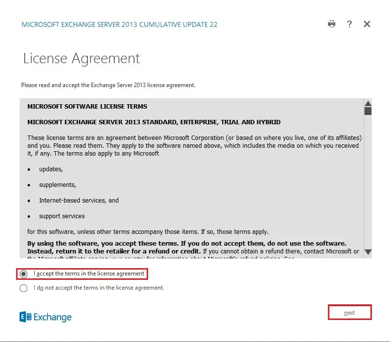 install exchange 2013 license agreement