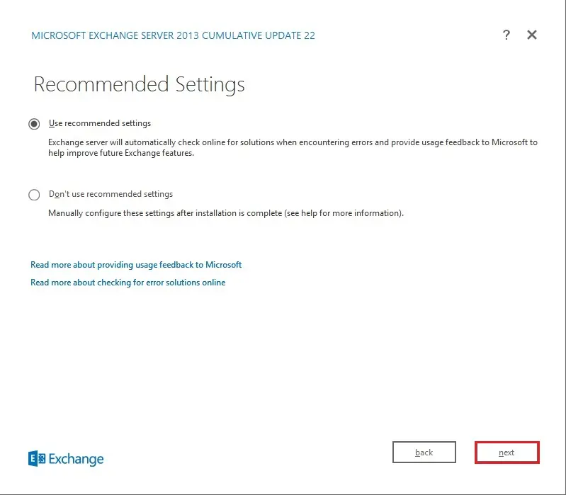 install exchange 2013 recommended settings