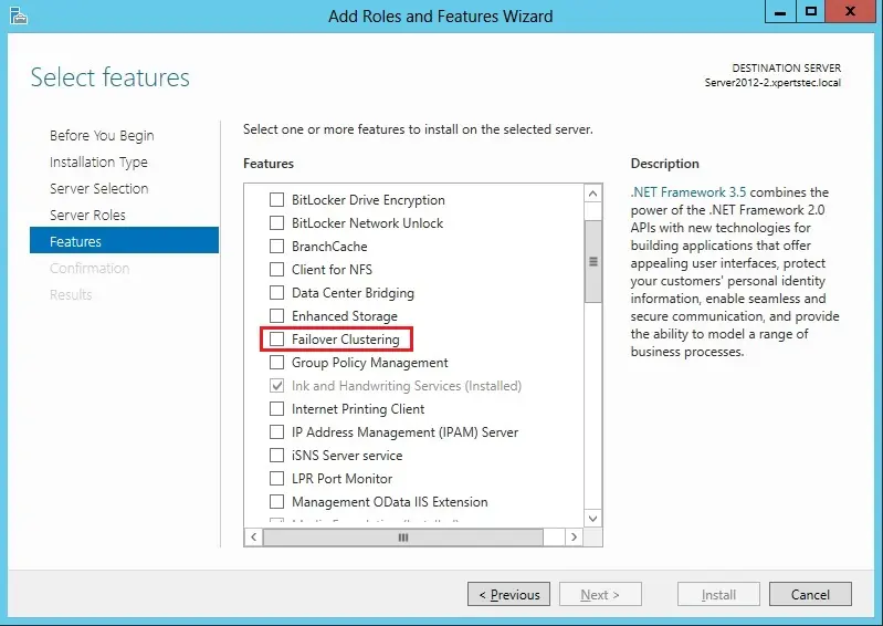 install failover cluster features server 2012