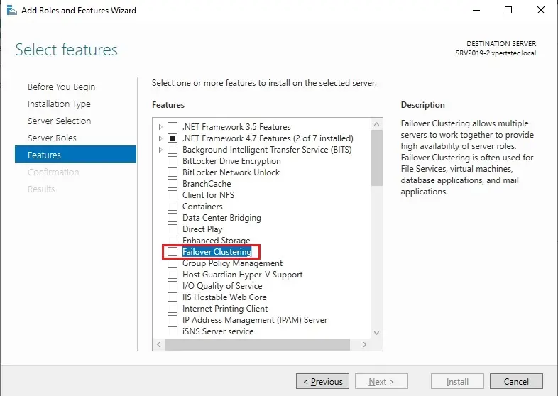 install failover cluster features server 2019