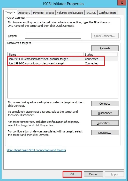 iscsi initiator properties discovered targets