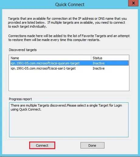 iscsi initiator properties quick connect