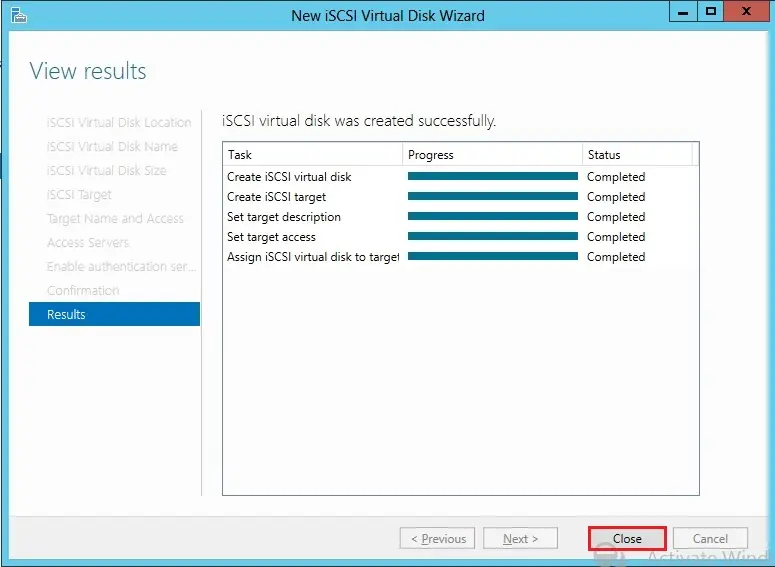 iscsi target wizard results