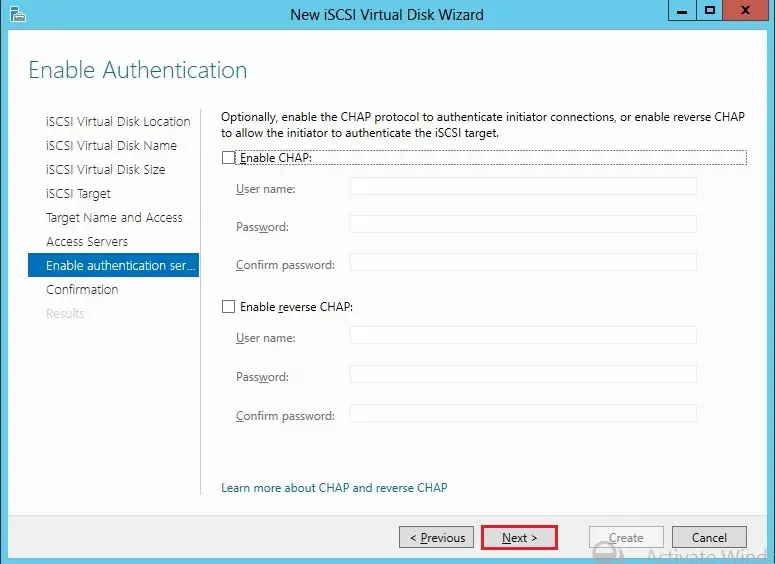 iscsi wizard authentication