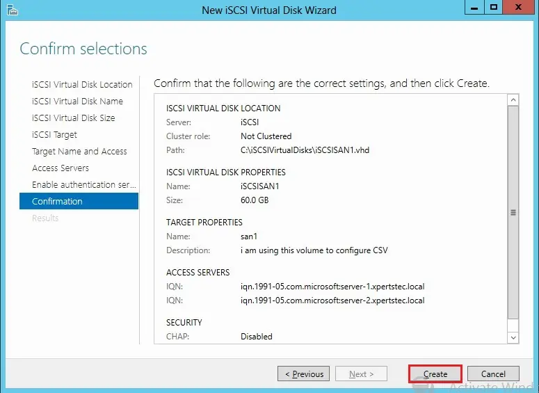 iscsi wizard confirmation