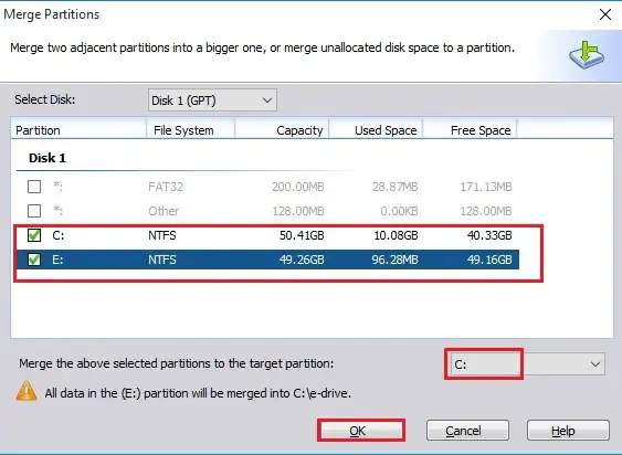 merge two partitions aomei partition assistant 5.2