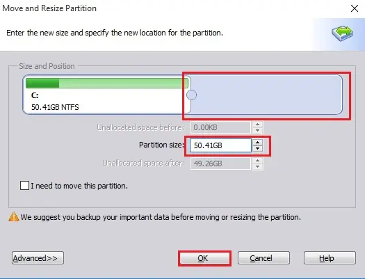 move and resize partition