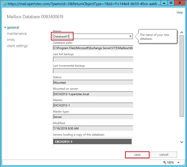 rename database in exchange 2013