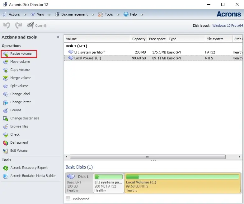 resize volume acronis director