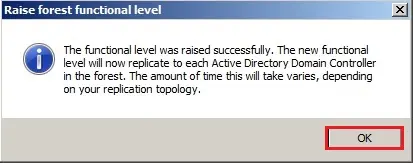 server 2008 functional level raised successfully