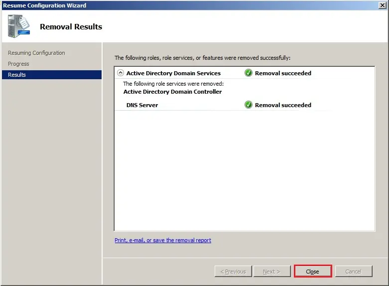 server 2008 removal result