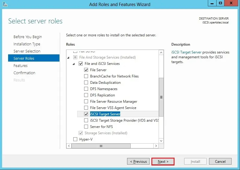 server 2012 roles iscsi target