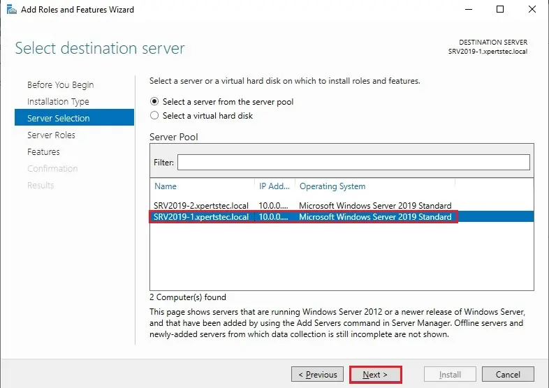 server 2019 server selection