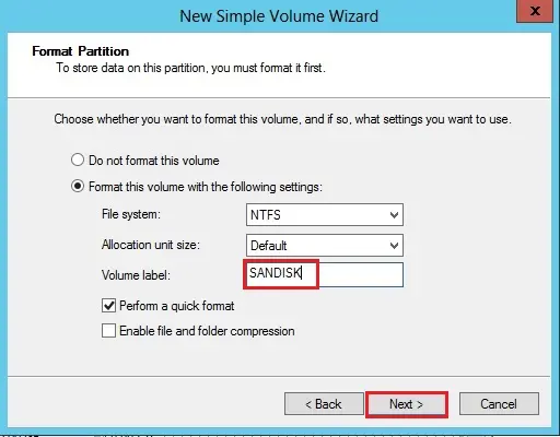 simple volume wizard format partition