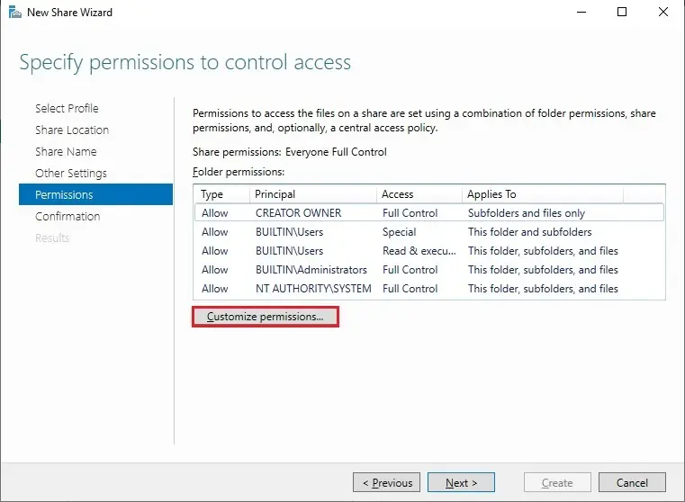 smb file share customize permissions