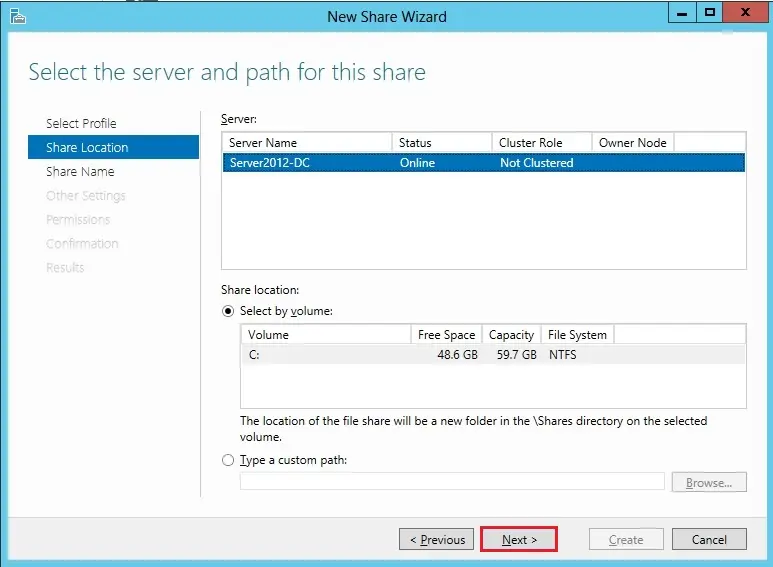 smb share location select volume