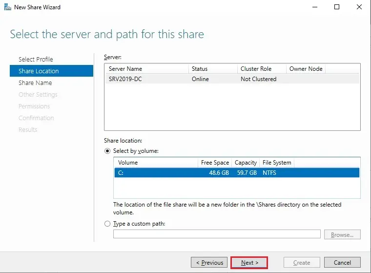 smb share location select volume