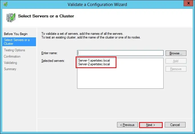 validation select servers or cluster