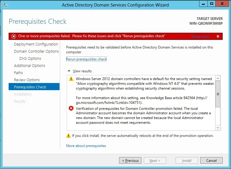 verification of prerequisites failed error