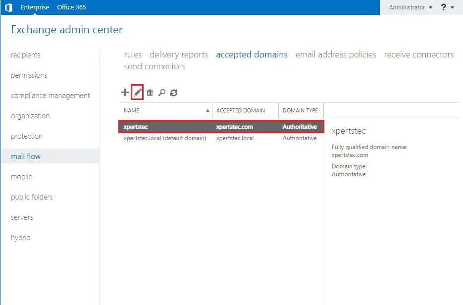 accepted domain exchange server 2019 