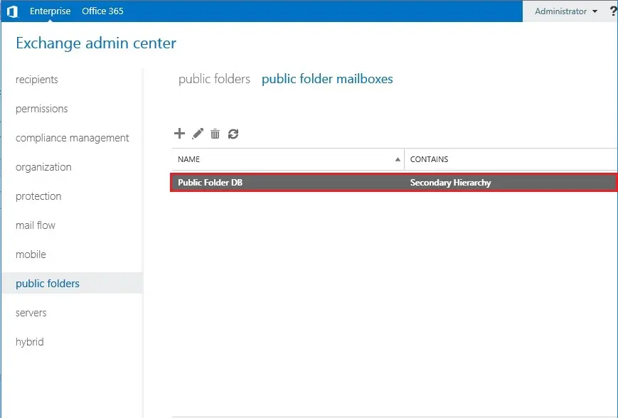 admin centre public folder mailbox