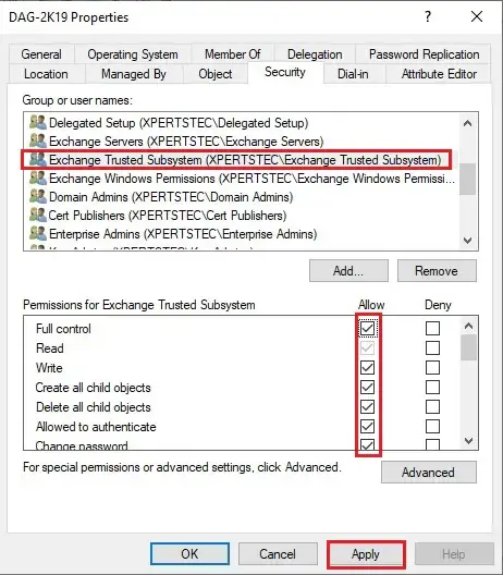 computer account properties security