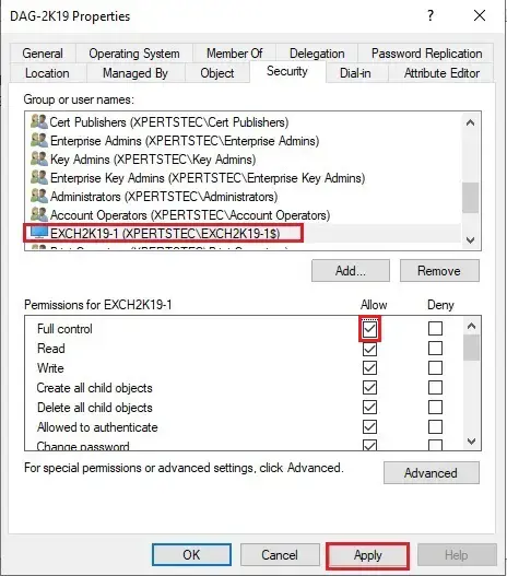 computer account properties security