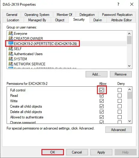 computer account properties security