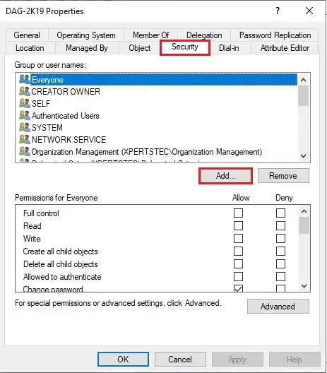 computer account properties security