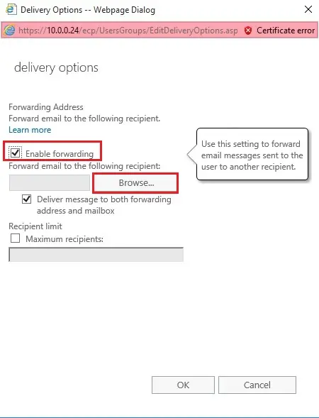 configure email forwarding delivery options