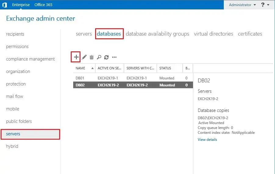 create database in exchange 2019