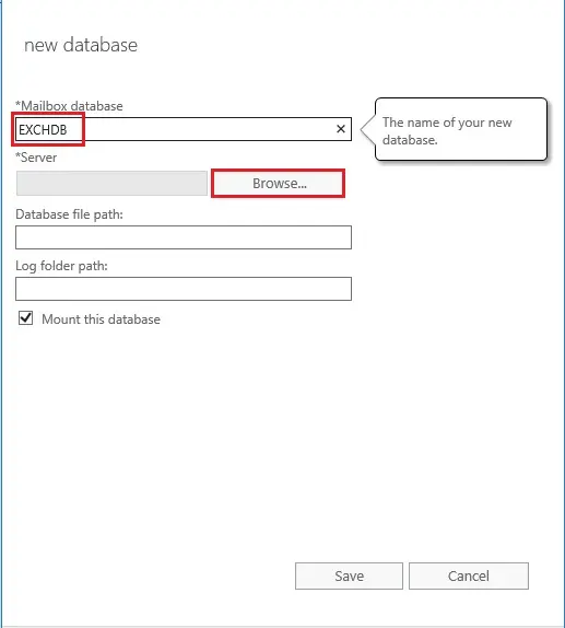 create new database in exchange 2019