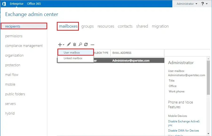 create user mailbox exchange 2019